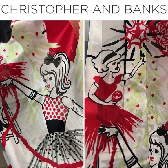 π1950s-Themed Girls Decorating Christmas Tree Scarf | Festive | Oblong 19βx69β - Picture 4 of 17